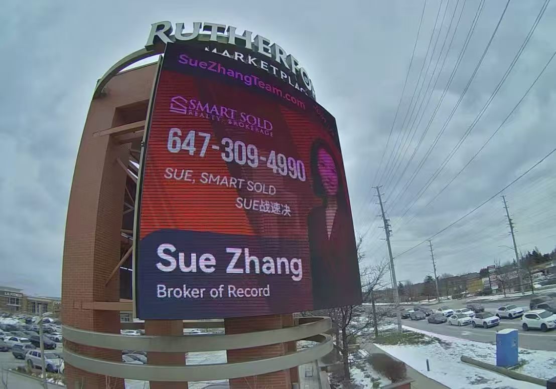 Sue Zhang’s advertisement on the outdoor digital screen at Rutherford Marketplace.